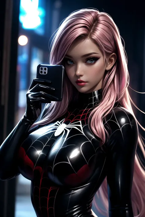 (ultra realistic,32k,RAW photo:1.1),(high detailed skin:1.1), 8k uhd, dslr, high quality, film grain, (makeup, mascara:1.1), lips,(thick\lips\),
(shiny glossy translucent clothing:1.1), 1girl,pink hair, long hair,(aqua eyes:0.9), <lora:black Spider Man costume_20231118023759:0.5>black Spider Man costume, gloves, <lora:add_detail:0.89>, huge breast, (upper body:1.2),
selfie posing,
(busty:1.1) , (chubby:0.1),(tenebrism:1.2), <lora:LowRA:0.4>, dark theme blank background