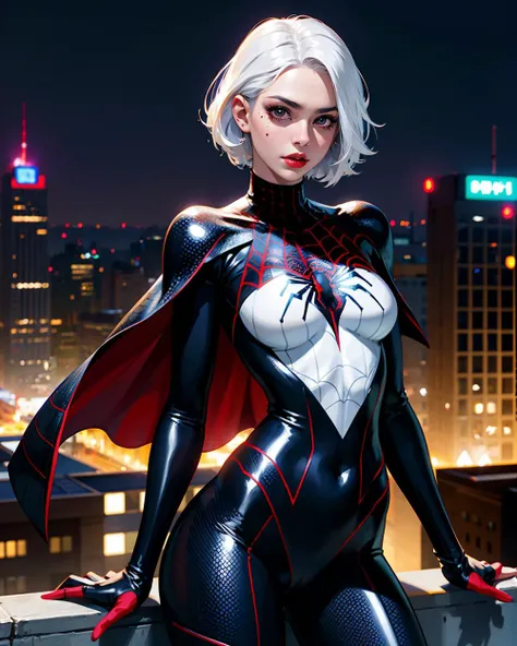 black Spider Man costume,1gir,solo,lips,(shiny skin:1.2),mole under eye,White hair,spider web print,narrow waist,waist up,<lora:绪å¿-èèä¾ black Spider Man costume:0.7>,<lora:microwaistV05:0.4>,blury background,depth of field,on the roof top,night scene,