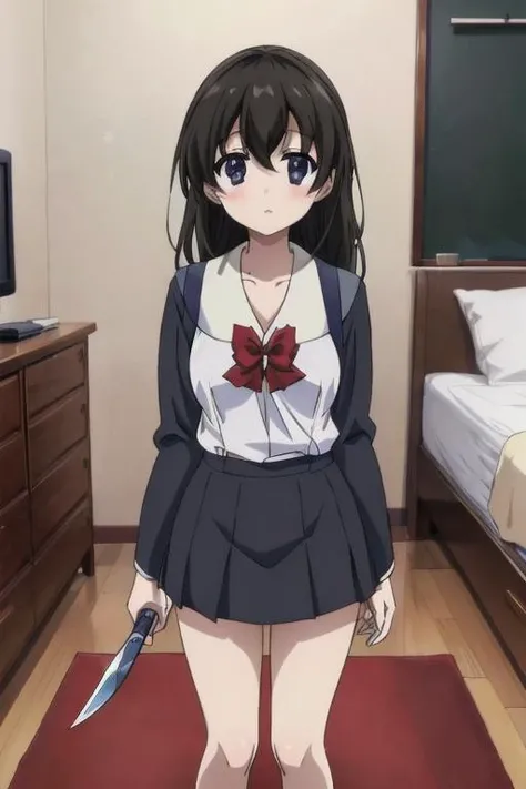 masterpiece, best quality,<lora:GoodHands-vanilla:0.7> <lora:anmnr01:0.3> <lora:add_detail:0.5>, 1girl, <lora:SekaiSaionji:0.7>,SekaiSaionji,(school uniform,looking at viewer,indoor,my room,solo,),(stabbing with a knife),standing,carpet