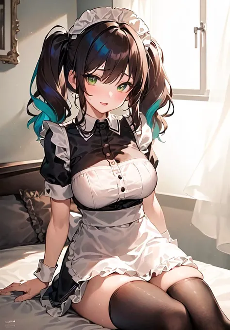 (super fine illustration:1.3), (best quality, masterpiece:1.2), high resolution, bright colors, highly detailed face, detailed face
(1 girl:1.3), (solo:1.3), <lora:age_v2:1>
(colored hair:1.3), short hair, (side up twin tail:1.3), (beautiful green eyes:1.2)
(sitting by the bedside:1.3), arms behind, indoors
(maid outfit, maid cosplay:1.3), thighhighs, (Brown knee high socks, long socks:1.2), high socks