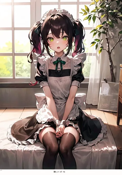 (super fine illustration:1.3), (best quality, masterpiece:1.2), high resolution, bright colors, highly detailed face, detailed face
(1 girl:1.3), (solo:1.3), <lora:age_v2:1>
(colored hair:1.3), short hair, (side up twin tail:1.3), (beautiful green eyes:1.2), (flat chest:1.1), (small body:1.4)
waiza, sitting, arms behind, indoors
(maid outfit, maid cosplay:1.3), thighhighs, (Brown knee high socks, long socks:1.2), high socks