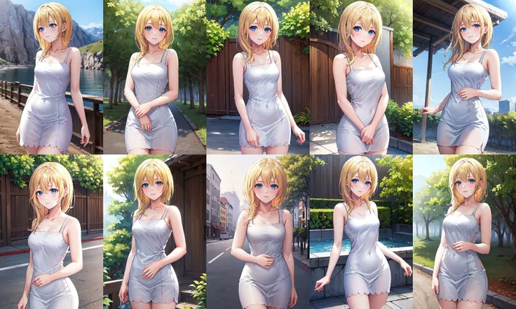 masterpiece, best quality, highres, aanamine, blonde hair, bare shoulders, white dress, dress, <lora:namine_v1:0.7>, cowboy shot, standing, outdoors