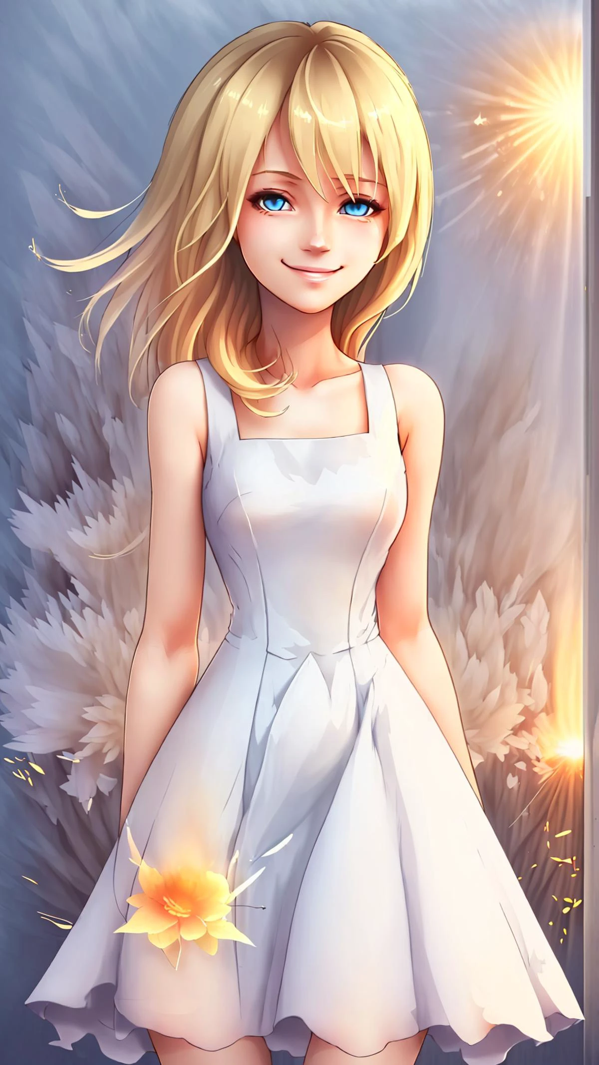 <lora:namine_v1:0.8> aanamine, 1girl, blonde hair, smile, <lora:edgTotalFantasyv1:0.8> edgTF, wearing edgTF_dress, sunbeam, fog,