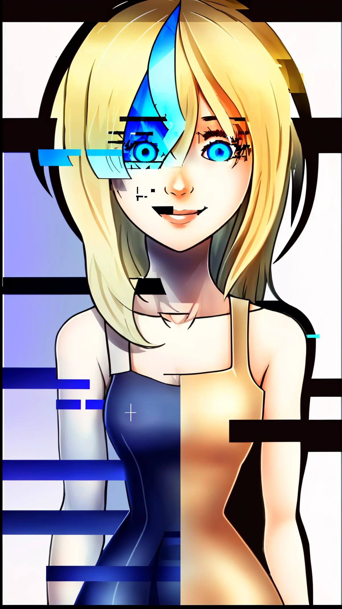 <lora:namine_v1:0.8> aanamine, 1girl, blonde hair, smile, <lora:Glitching:0.8> Glitching, glitch