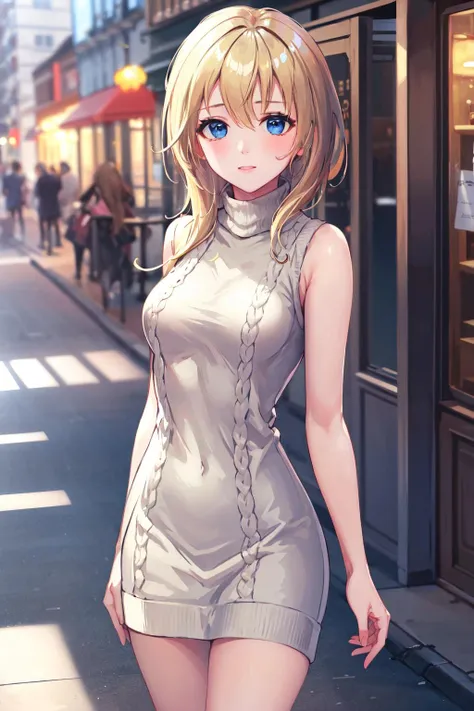 masterpiece, best quality, highres, aanamine, blonde hair, <lora:namine_v1:0.7>, sweater dress, ribbed sweater, turtleneck, sleeveless, street, standing