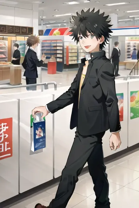 <lora:KamijouTouma-15:0.6>, masterpiece, highres, high quality, perfect face, perfect eyes, detailed, 8K, UHD, 1boy, kamijou touma, (perfect_hands:1.2), happy, gakuran, walking on a shopping mall, day