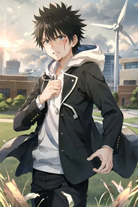 <lora:KamijouTouma-15:0.6>, masterpiece, highres, high quality, perfect face, perfect eyes, detailed, 8K, UHD, 1boy, kamijou touma, (perfect_hands:1.2), angry, clenched_teeth, clenched_hands, gakuran, hood_down, standing on a grass hill, blood_on_clothes, blood_on_face, wind_turbine in the background, after fight