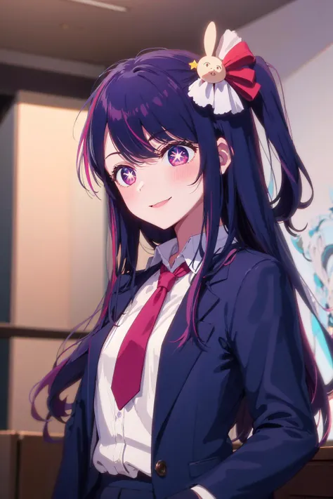 llustration, (masterpiece), (best quality), (ultra_detailed), finely detail, detailed background, (Depth of field), Hoshino Ai, long hair, solo, (purple hair:1.2), streaked hair, blush, purple eyes, star-shaped pupils, hair ornament, star \(symbol\), symbol-shaped pupils, bangs, star-shaped pupils, smile, business suit, coat, formal, necktie, shirt, shirt tucked in, upper body,, indoors, one side up, breasts,