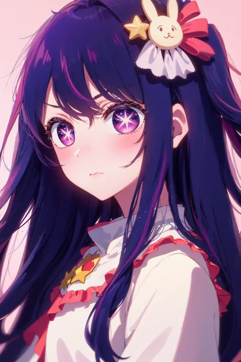 (masutepiece, Best Quality), ((1girl in, (Mature), Hoshino Ai, ), (Dark purple hair, Long hair, striated hair, Beautiful hair, Hair Ornament), (Purple eyes, star-shaped pupils, +_+, Symbol-shaped_Pupils, glinting_Eyes, Beautiful eyes, Eye Highlights, Sharp eyes), (Looking at the viewer, Smile, Floral Bikini)), (simplier background, Dark background, the beach), (Abstract Art, hight resolution, chromatic abberation), (),