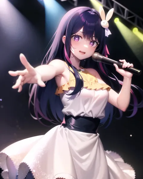 masterpiece, best quality, absurdres, highly detailed, 1girl, Hoshino Ai, long hair, purple hair, streaked hair ,purple eyes, star-shaped pupils, hair ornament, frilly dress, stage, stage lighting, cinematic lighting, neon lights, professional lighting, happy face, looking at viewer, sweat, singing, mouth open, detailed background, concert stage, live concert, (crowd)