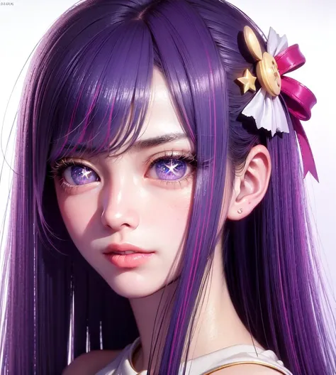 hoshino Ai, long hair, purple hair, streaked hair ,purple eyes, star-shaped pupils, (hair ornament),  star-shaped pupils, idol dress, full body, leg focus, (1 girl), (masterpiece, best quality:1.4),  1girl, solo, sfw, stunning girlfriend, (standing:1.1), highly detailed skin, skin pores, subsurface scattering, medium breast, sexy smile, looking at viewer, full lips, detailed background, depth of field, volumetric lighting, sharp focus, absurdres, realistic proportions, good anatomy, (realistic, hyperrealistic:1.4), 16k hdr,