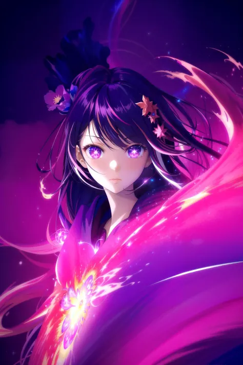 (masterpiece, best quality, highres), anime art style, pixiv, 1girl, solo,
supernova, abstract, abstract background, (bloom, swirling lights, light particles),
fire, galaxy, floating, romanticized, blush, looking at viewer,
Hoshino Ai, long hair, purple hair, streaked hair,
purple eyes, star-shaped pupils, hair ornament,
 <lora:HoshinoAi_v9-000007:0.7>