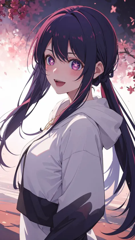 realistic, photo, (masterpiece, 4k, 8k, ultra hires, exremely detailed, good shadow, good light, deep shadow, unreal, high resolution, ultra detailed, best quality, ultra high res, visually stunning, beautiful, award-winning art, best quality, stunningly beautiful:1.2), <lora:HoshinoAi_v9:1:CHARACTER>, Hoshino Ai, long hair, purple hair, streaked hair, purple eyes, star-shaped pupils, blush, 1girl, smile, looking at viewer, solo, open mouth, Hoodie, Sleeve Covers, , pince-nez, from side