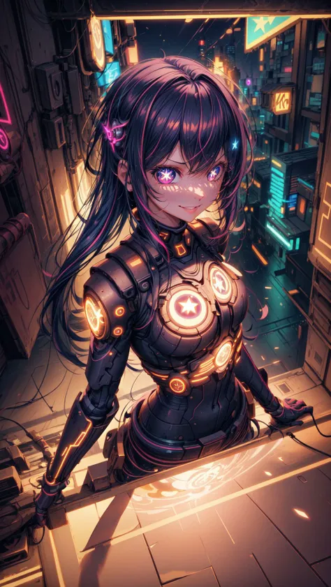 realistic, photo, (masterpiece, 4k, 8k, ultra hires, exremely detailed, good shadow, good light, deep shadow, unreal, high resolution, ultra detailed, best quality, ultra high res, visually stunning, beautiful, award-winning art, best quality, stunningly beautiful:1.2), <lora:HoshinoAi_v9:1:CHARACTER>, Hoshino Ai, long hair, purple hair, streaked hair, purple eyes, star-shaped pupils, 1girl, looking at viewer, solo, (smirk:1.2), cyberpunk, neon light, (neon:1.2), light rays, ray tracing, sexy, upper body, neon city, detailed background, delinquent, (bad girl:1.4), ((night)), night city, (detailed eyes.1.6), <lora:add_detail:1>, <lora:Neonpunkai-8:0.7> Neonpunkai