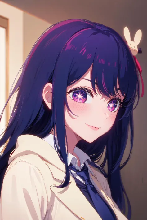 llustration, (masterpiece), (best quality), (ultra_detailed), finely detail, detailed background, (Depth of field), Hoshino Ai, long hair, solo, (purple hair:1.2), streaked hair, blush, purple eyes, star-shaped pupils, hair ornament, star \(symbol\), symbol-shaped pupils, bangs, star-shaped pupils, smile, business suit, coat, formal, necktie, shirt, shirt tucked in, upper body,, indoors, one side up, breasts, close up,