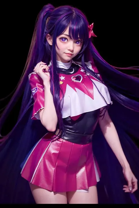 (best quality:1.4), (ultra highres:1.2), (photorealistic:1.4), (8k, RAW photo:1.2), 1girl, Hoshino Ai, long hair, purple hair, streaked hair ,purple eyes, (star-shaped pupils), <lora:HoshinoAi_v9-000007:1>, xiaorou  <lyco:Xiaorou_V1.2:0.6>, full body, kneesocks, idol outfit