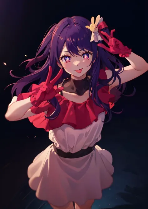 1girl, full body, cowboy shot, (Rembrandt), illustration, (masterpiece), (best quality), (ultra_detailed), finely detail, (Depth of field), gloves, tongue out, tongue, long hair, star \(symbol\), looking at viewer, (purple hair:1.2), purple eyes, upper body, hair ornament, :p, frills, pink shirt, smile, sleeveless, shirt, idol, symbol-shaped pupils,  bangs, one side up, star-shaped pupils, dress pull, Roaring Twenties, isometric, from above, sky, flower, cliff