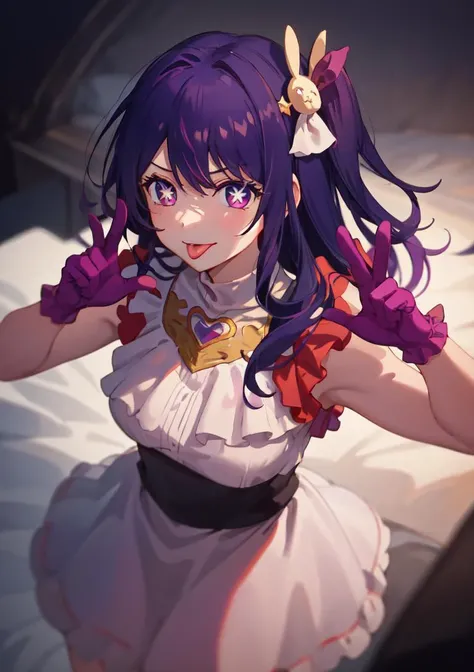 1girl, full body, cowboy shot, (Rembrandt), illustration, (masterpiece), (best quality), (ultra_detailed), finely detail, (Depth of field), gloves, tongue out, tongue, long hair, star \(symbol\), looking at viewer, (purple hair:1.2), purple eyes, upper body, hair ornament, :p, frills, pink shirt, smile, sleeveless, shirt, idol, symbol-shaped pupils,  bangs, one side up, star-shaped pupils, dress pull, Roaring Twenties, isometric, from above, sky, flower, cliff