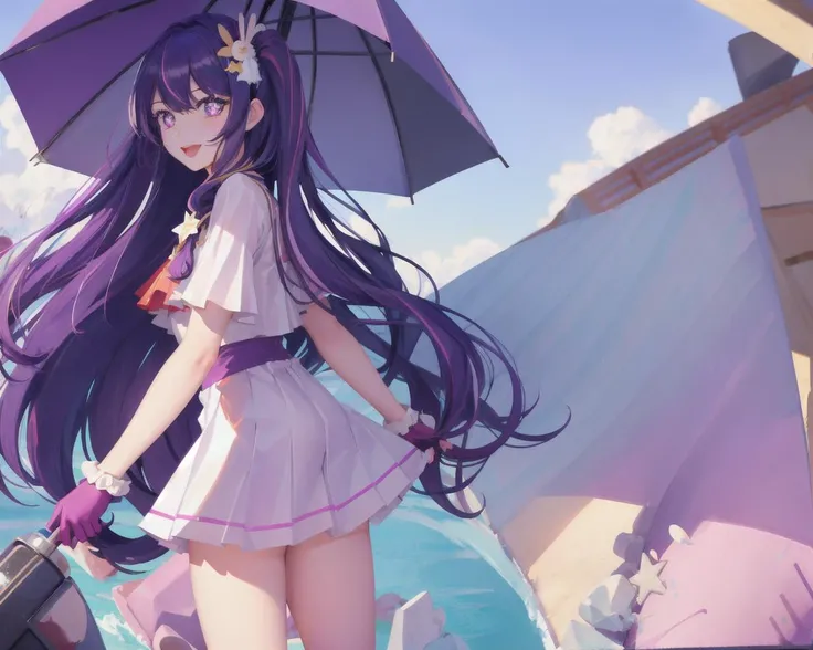 highres, best quality, ((solo)) ((HoshinoAi)) Hoshino Ai, long hair, purple hair, streaked hair ,purple eyes, star-shaped pupils, hair ornament, hoshino_ai_(oshi_no_ko), 1girl, solo, dress, long hair, gloves, smile, ((purple_swimsuit)), purple eyes, hair ornament, looking at viewer, open mouth, purple hair, bangs, hair flower, one side up, flower, sketch, blush, teeth, scrunchie, full body, ((holding_ice_cream)), ((1girl)), ((solo)), purple hair, long hair, holding, smile, multicolored hair, purple eyes, grey,, +_+, upper body, long sleeves, (badge on hat), ice cream, looking at viewer, symbol-shaped pupils, looking at viewer, details eyes, ((umbrella)), (sit), ((Directly facing the audience)),absurdres, ((cowboy shot)), beach, <lora:HoshinoAi_v9:1>