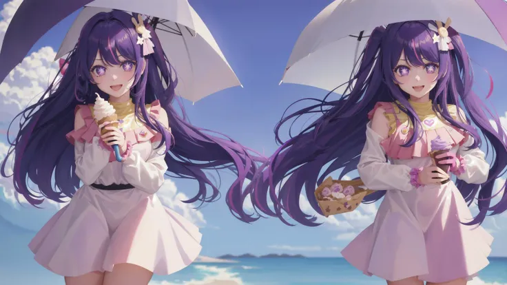 highres, best quality, ((solo)) ((HoshinoAi)) Hoshino Ai, long hair, purple hair, streaked hair ,purple eyes, star-shaped pupils, hair ornament, hoshino_ai_(oshi_no_ko), 1girl, solo, dress, long hair, gloves, smile, ((purple_swimsuit)), purple eyes, hair ornament, looking at viewer, open mouth, purple hair, bangs, hair flower, one side up, flower, sketch, blush, teeth, scrunchie, full body, ((holding_ice_cream)), ((1girl)), ((solo)), purple hair, long hair, holding, smile, multicolored hair, purple eyes, grey,, +_+, upper body, long sleeves, (badge on hat), ice cream, looking at viewer, symbol-shaped pupils, looking at viewer, details eyes, ((umbrella)), (sit), ((Directly facing the audience)),absurdres, ((cowboy shot)), beach, <lora:HoshinoAi_v9:1>