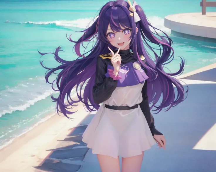 highres, best quality, ((solo)) ((HoshinoAi)) Hoshino Ai, long hair, purple hair, streaked hair ,purple eyes, star-shaped pupils, hair ornament, hoshino_ai_(oshi_no_ko), 1girl, solo, dress, long hair, gloves, smile, ((purple_swimsuit)), purple eyes, hair ornament, looking at viewer, open mouth, purple hair, bangs, hair flower, one side up, flower, sketch, blush, teeth, scrunchie, full body, holding ice cream, ((1girl)), ((solo)), purple hair, long hair, holding, smile, multicolored hair, purple eyes, grey,, +_+, upper body, long sleeves, (badge on hat), ice cream, looking at viewer, symbol-shaped pupils, looking at viewer, details eyes, ((Directly facing the audience)),absurdres, ((cowboy shot)), beach, <lora:HoshinoAi_v9:1>