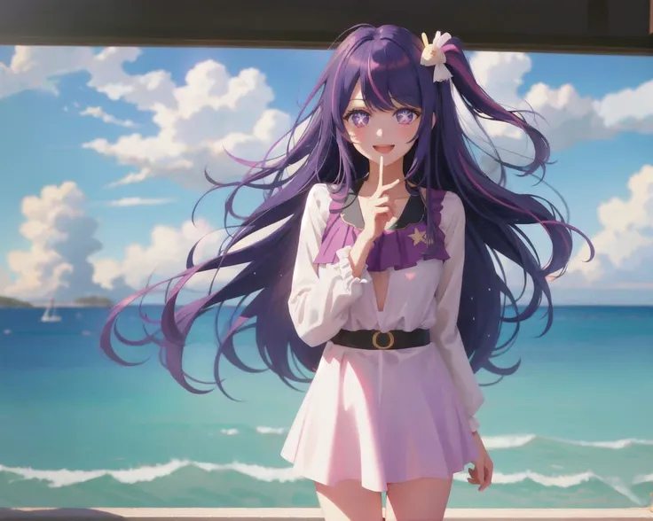 highres, best quality, ((solo)) ((HoshinoAi)) Hoshino Ai, long hair, purple hair, streaked hair ,purple eyes, star-shaped pupils, hair ornament, hoshino_ai_(oshi_no_ko), 1girl, solo, dress, long hair, gloves, smile, ((purple_swimsuit)), purple eyes, hair ornament, looking at viewer, open mouth, purple hair, bangs, hair flower, :d, one side up, flower, sketch, blush, teeth, scrunchie, full body, ((1girl)), ((solo)), purple hair, long hair, holding, smile, multicolored hair, purple eyes, grey,, +_+, upper body, long sleeves, (badge on hat), ice cream, looking at viewer, symbol-shaped pupils, looking at viewer, details eyes, ((Directly facing the audience)),absurdres, ((cowboy shot)), beach, <lora:HoshinoAi_v9:1>