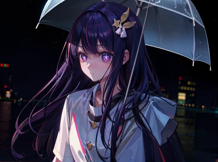 1girl, Hoshino Ai, long hair, purple hair, streaked hair ,purple eyes, star-shaped pupils, hair ornament, highres, best quality, ((solo)) masterpiece, high quality, 8k, beautiful lighting, 1girl ((solo)),bangs, looking away, masterpiece,best quality,ultra_detailed,highres, heavy rain, night, moon in the sky, puddles, hold a transparent umbrella, reflections in puddles, city, on the road, look at the viewer, in a squat, raincoat, tights, head<lora:add_detail:1> <lora:HoshinoAi_v9:1>