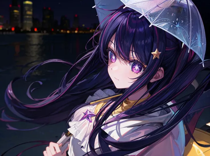 1girl, Hoshino Ai, long hair, purple hair, streaked hair ,purple eyes, star-shaped pupils, hair ornament, highres, best quality, ((solo)) masterpiece, high quality, 8k, beautiful lighting, 1girl ((solo)),bangs, looking away, masterpiece,best quality,ultra_detailed,highres, heavy rain, night, moon in the sky, puddles, hold a transparent umbrella, reflections in puddles, city, on the road, look at the viewer, in a squat, raincoat, tights, head<lora:add_detail:1> <lora:HoshinoAi_v9:1>