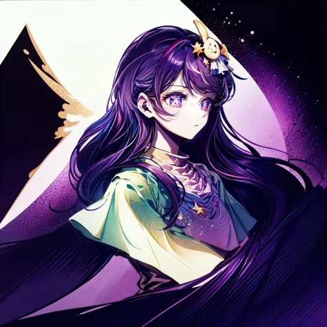 absurdres, 1girl, moon in the night, stars,  wide-eyed, eyelashes, side view, upper body, logo, <lora:logo_v1:0.75>, white background, simple background, circle, poster, the inscription "Den"  <lora:add_detail:1> <lora:HoshinoAi_v9:1> Hoshino Ai, long hair, purple hair, streaked hair ,purple eyes, star-shaped pupils, hair ornament,