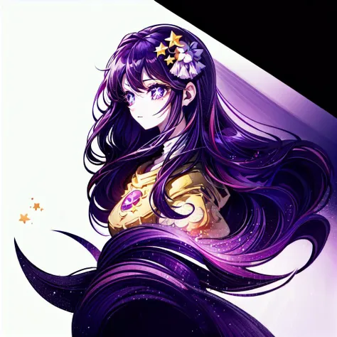 absurdres, 1girl, moon in the night, stars, wide-eyed, eyelashes, side view, upper body, logo, <lora:logo_v1:0.75>, white background, simple background, circle, poster, the inscription "Den" <lora:add_detail:1> <lora:HoshinoAi_v9:1> Hoshino Ai, long hair, purple hair, streaked hair ,purple eyes, star-shaped pupils, hair ornament,
