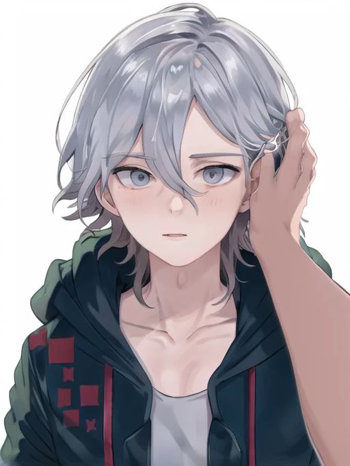 <lora:Povhair:0.7> Povhair, looking at viewer, short hair, bangs, simple background, shirt, 1boy, white background, hair between eyes, collarbone, jacket, upper body, grey hair, male focus, parted lips, multiple boys, open clothes, solo focus, shiny, hood, 2boys, medium hair, shiny hair, open jacket, grey eyes, pov, hood down, messy hair, hooded jacket, grey shirt, green jacket