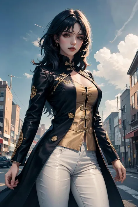 masterpiece, best quality, realistic, 8k, official art, cinematic light, ultra high res,
1girl, <lora:Blade_FMv13:0.8>,blade,black coat, chinese clothes,(bangs:1.2),red eyes, white pant, dark blue hair,
dynamic pose, dynamic angles