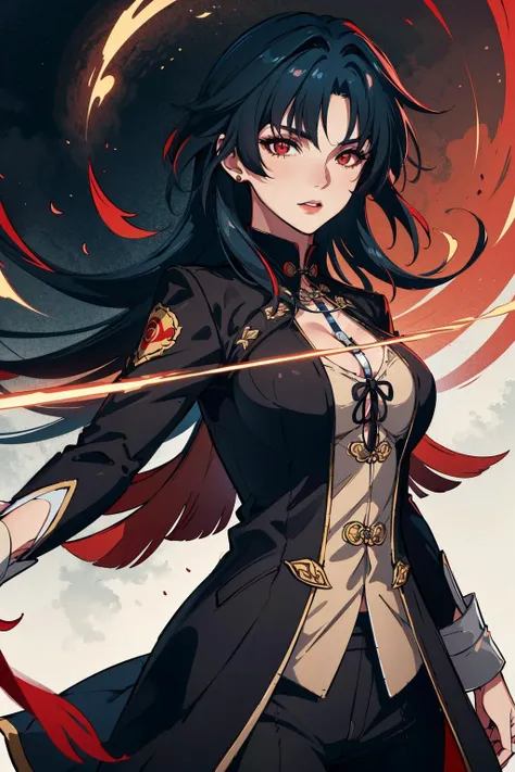 masterpiece, best quality, realistic, 8k, official art, cinematic light, ultra high res, 
1girl, <lora:Blade_FMv13:1>,blade,black coat, chinese clothes,bangs,red eyes,
dynamic pose, looking at viewer, dynamic angles