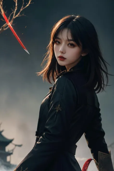 masterpiece, best quality, realistic, 8k, official art, cinematic light, ultra high res, 1girl, <lora:Blade_FMv13:0.85>, (ornamental blade:1.25),  \(hsr\), black coat, chinese clothes,(bangs:1.2),red eyes, pant, dark blue hair, dynamic pose, dynamic angles