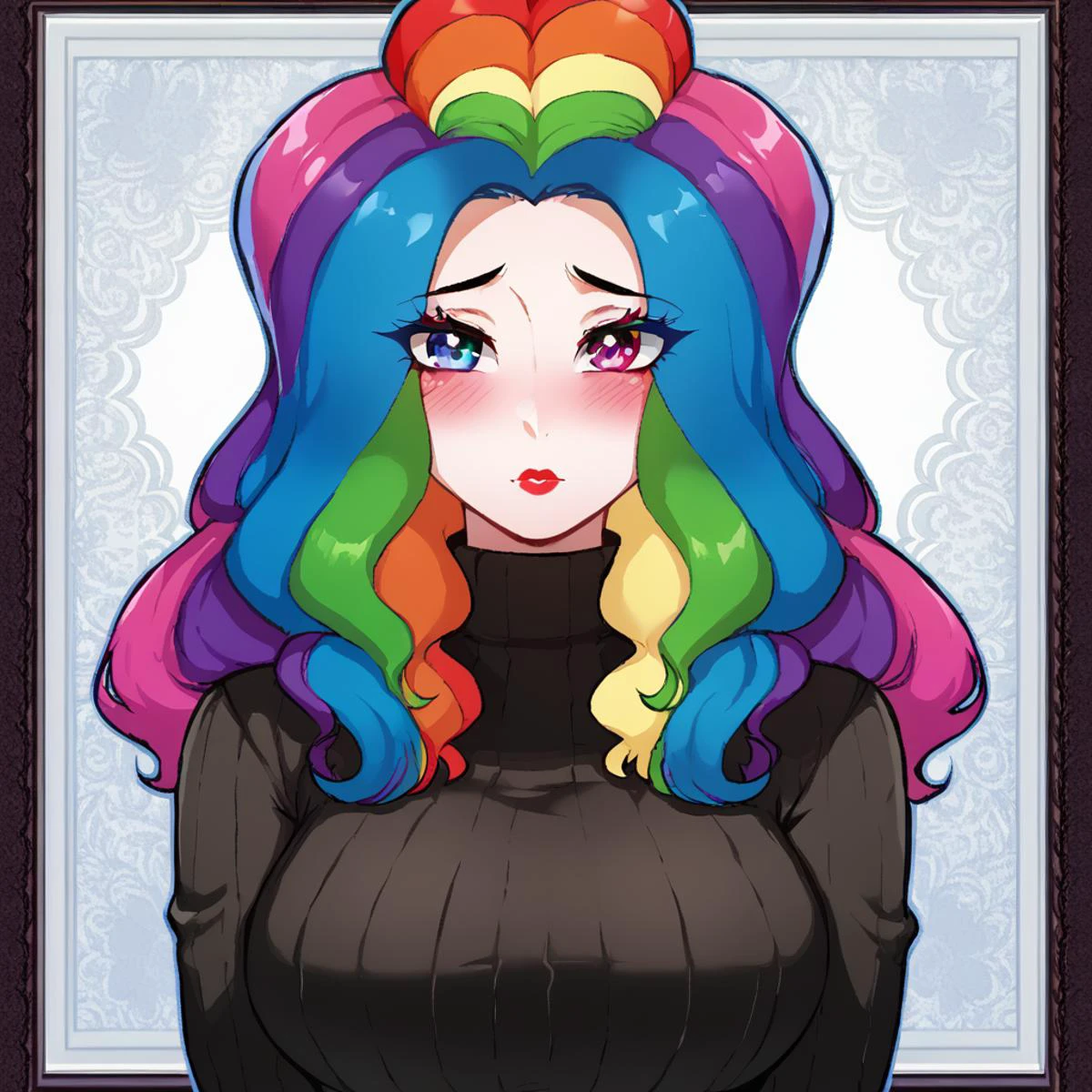 1girl, rainbow hair, multicolored hair, multicolored eyes, turtleneck sweater, lace background, frill background, large breasts, lipstick, blush, <lora:NyantchaV2:1>