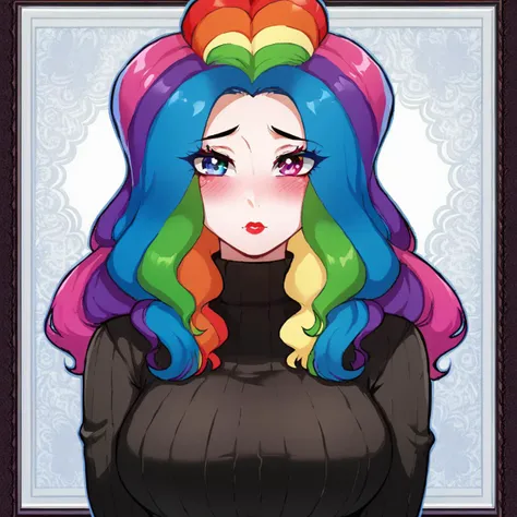 1girl, rainbow hair, multicolored hair, multicolored eyes, turtleneck sweater, lace background, frill background, large breasts, lipstick, blush, <lora:NyantchaV2:1>