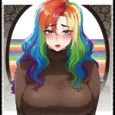 1girl, rainbow hair, multicolored hair, multicolored eyes, turtleneck sweater, lace background, large breasts, lipstick, blush, <lora:NyantchaV2:1>