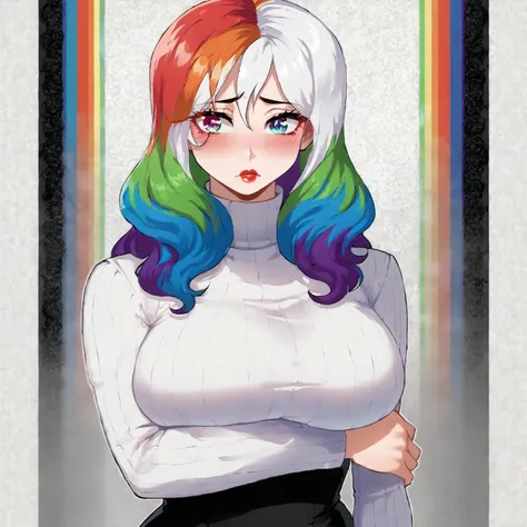 1girl, rainbow hair, multicolored hair, multicolored eyes, turtleneck sweater, lace background, large breasts, lipstick, blush, <lora:NyantchaV2:1>, breast hold,