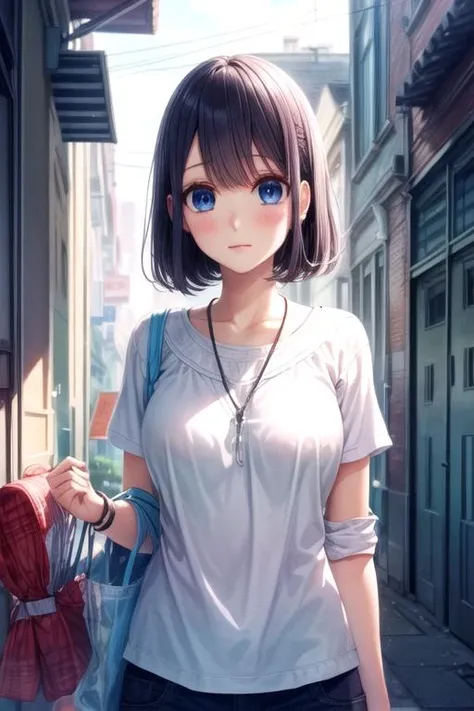 hight resolution, top-quality, ultra-quality, The ultra-detailliert, lighting like a movie、white t-shirts、Dark blue pleated skirt、Sheer nipples 、In the street、1girl in,