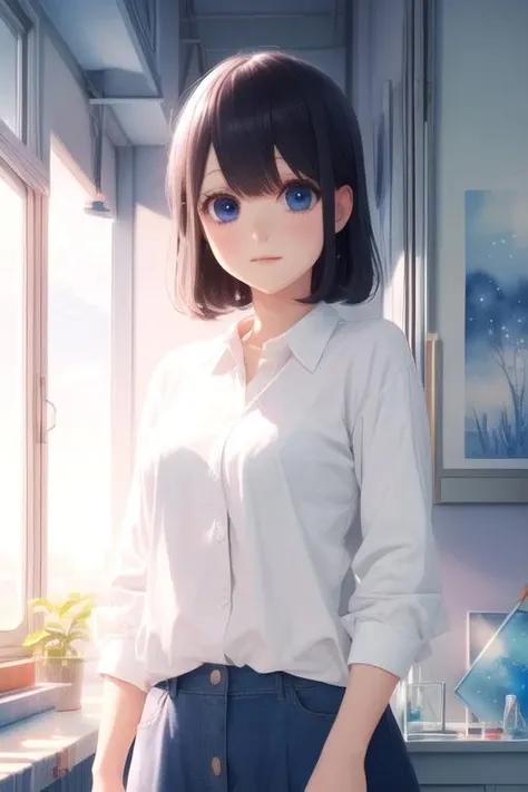 masterpiece, best quality, game cg, 1girl, solo, looking at viewer, upper body, , (watercolor illustration, soft pastel colors:1.1), , <lora:misaki_takasaki:0.74>, misaki_takasaki, black hair, blue eyes, , science fiction xenopunk,