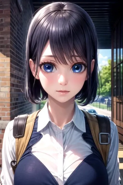 masterpiece, best quality, photorealistic, 1girl, solo, looking at viewer, upper body, depth of field, anime coloring, realistic, <lora:misaki_takasaki:0.68>, misaki_takasaki, black hair, blue eyes, cop costume, The Tower of Destiny,