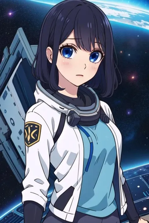 masterpiece, best quality, movie still, 1girl, solo, looking at viewer, upper body, depth of field, anime coloring, , <lora:misaki_takasaki:0.70>, misaki_takasaki, black hair, blue eyes, leggings, , science fiction space opera,