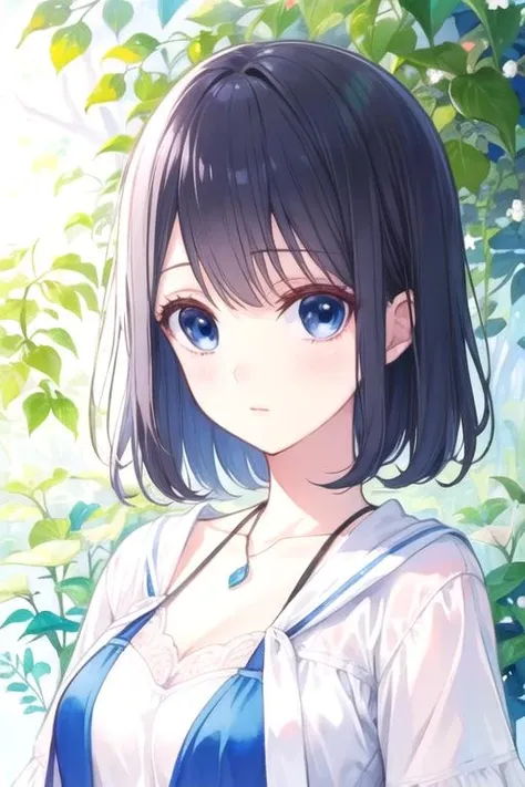 masterpiece, best quality, , 1girl, solo, looking at viewer, , , (watercolor illustration, soft pastel colors:1.1), realistic, <lora:misaki_takasaki:0.74>, misaki_takasaki, black hair, blue eyes, , nature,