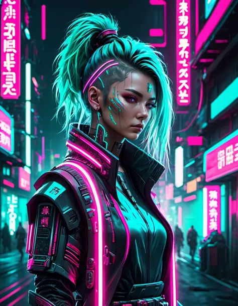 wallpaper, 8k, cinematic, 32k, masterpiece, OverallDetail, beautifully detailed hair, realistic detailed face, detailed full body futuristic cyberpunk female Samurai, influenced by deviantart, neon colors, glowing cyan hair, Sideswept Long hair, pink neon outfit, cyber punk, neon signs, neon futuristic city