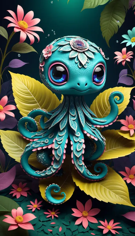 no human, illustrious, Darling, cute kraken hatchling animal, big eyes, dancing on leaves and flower petals, intricate details, colorful, magical, 3d, , neonphantomstyle