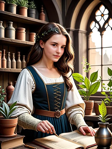 **** female alchemists apprentice, medieval fantasy setting, long bob brunette, sorting magical plants