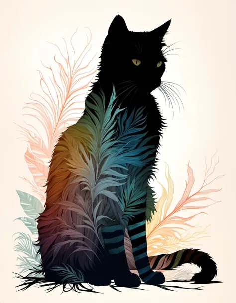 (silhouette:2),cat, salmon fur, many colors, striped, highly detailed linework reminiscent of Carne Griffiths, light and airy as Carl Larsson's compositions, motion, featuring Pascal Blanche-style hyper-realistic characters, pastel, elegance, dramatic lighting, expressive camera angle, matte, concept art, linquivera