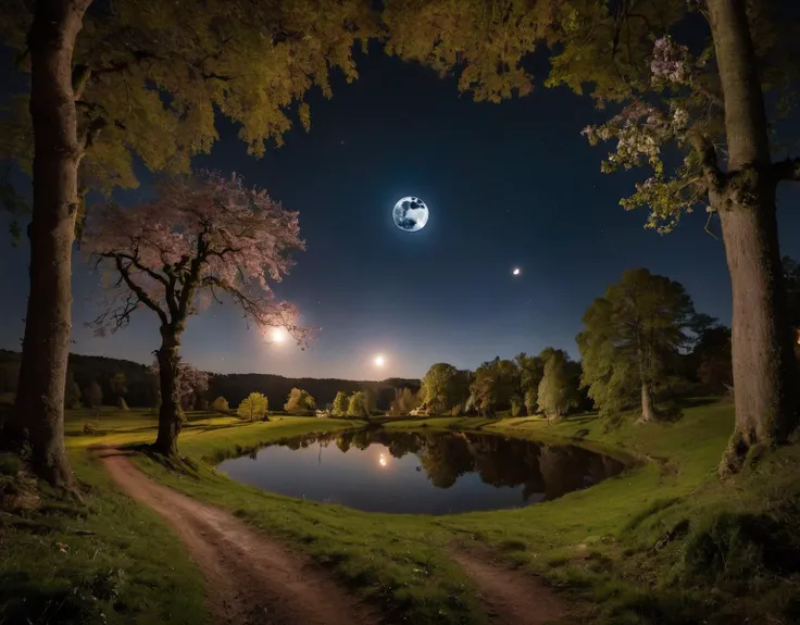 (by Rembrandt van Rijn:1.2) and (Mauro Picenardi:1.0) and (Christopher Ryan McKenney:1.3) , photograph, stylized, landscape of a Extreme (Bristol:1.3) and Polish Exoplanet, Glam trees and Planet Jupiter in background, Moon in the night, Villagecore, Bloom light, still, Canon eos 5d mark 4, Circular polarizer