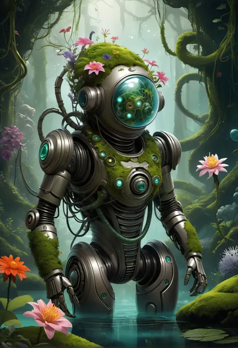 illustration-style picture of a biomechanical entity. The entity is a fusion of technology and nature, with a helmet that resembles a diving suit, its surface covered in verdant moss, handing a flower to viewer, twisting vines, and bright, exotic flowers. Its arms are heavy and robotic, adorned with peaceful symbols and patterns. The backdrop is an enchanted swamp, filled with a mystical fog, gnarly trees, and a spectrum of swamp flora. Fireflies dot the air with their luminescent glow. The illustration should have a whimsical and fantastical feel, with vibrant colors and a hand-drawn quality that emphasizes the enchanting aspects of the scene and the organic-meets-mechanical theme.