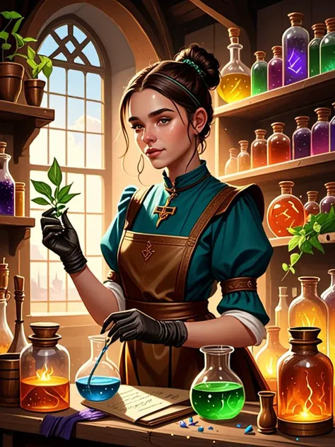 (masterful artwork:1.4) of a **** female alchemists apprentice, medieval fantasy setting, singed short brunette hair in a bun, sorting magical plants and arcane alchemistical components, colorful radiant glowing flasks in shelves in the back, smoking splashes on apron <lora:SDXL_add-detail-xl:2>, wearing (thin leather gloves with glowing golden embroidered runes:1.1)